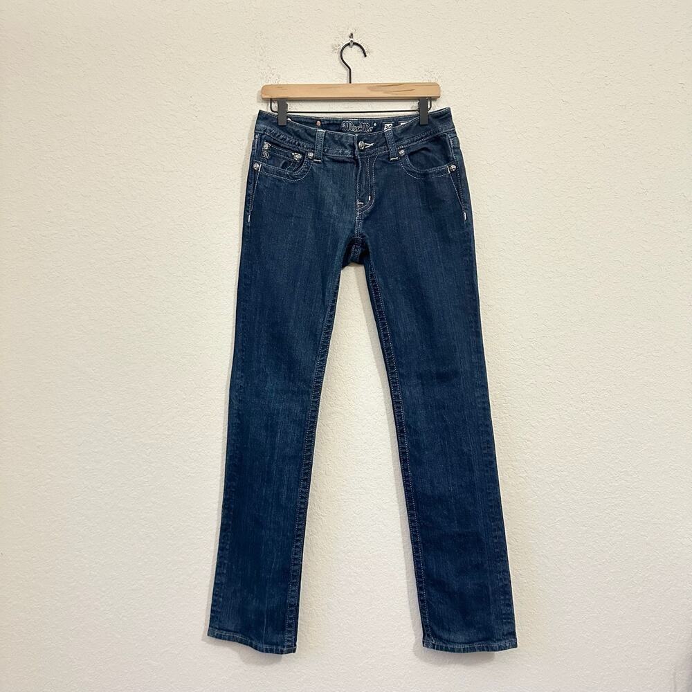 MISS ME Jeans Blue Denim Fleur De Lis Embellished Low Rise Cowgirl